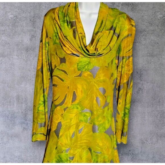 Beautiful 60's Mod Dress Vintage Green/Yellow  Cowl Neckline Size Large - Picture 2 of 11